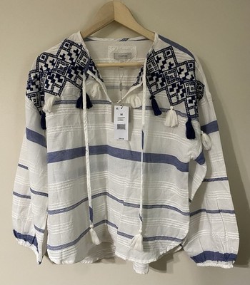 CUPIO Cotton White Navy Blue Tassel Embroidered Peasant Tunic Blouse M Boho
