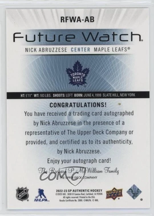 2022 SP Authentic 2012-13 Retro Future Watch Nicholas Abruzzese Rookie Auto RC - Image 2 of 2