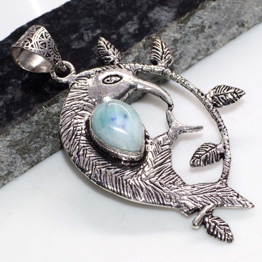 925 Silver Plated Sea Fish Larimar Ethnic Pendant Jewelry Size 2.7