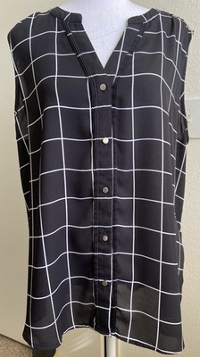 Apt.9 Black White Check V-Neck Sleeveless Button Front Blouse Women's XL