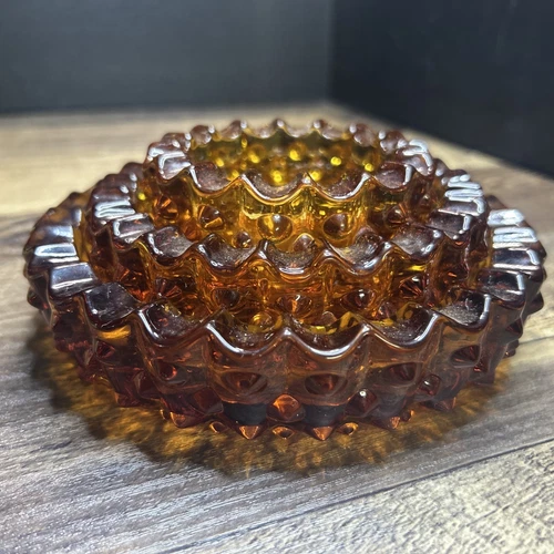 VTG Fenton Amber Glass Hobnail Sawtooth Ashtray Trinket Dish MCM Nestin Set Of 3