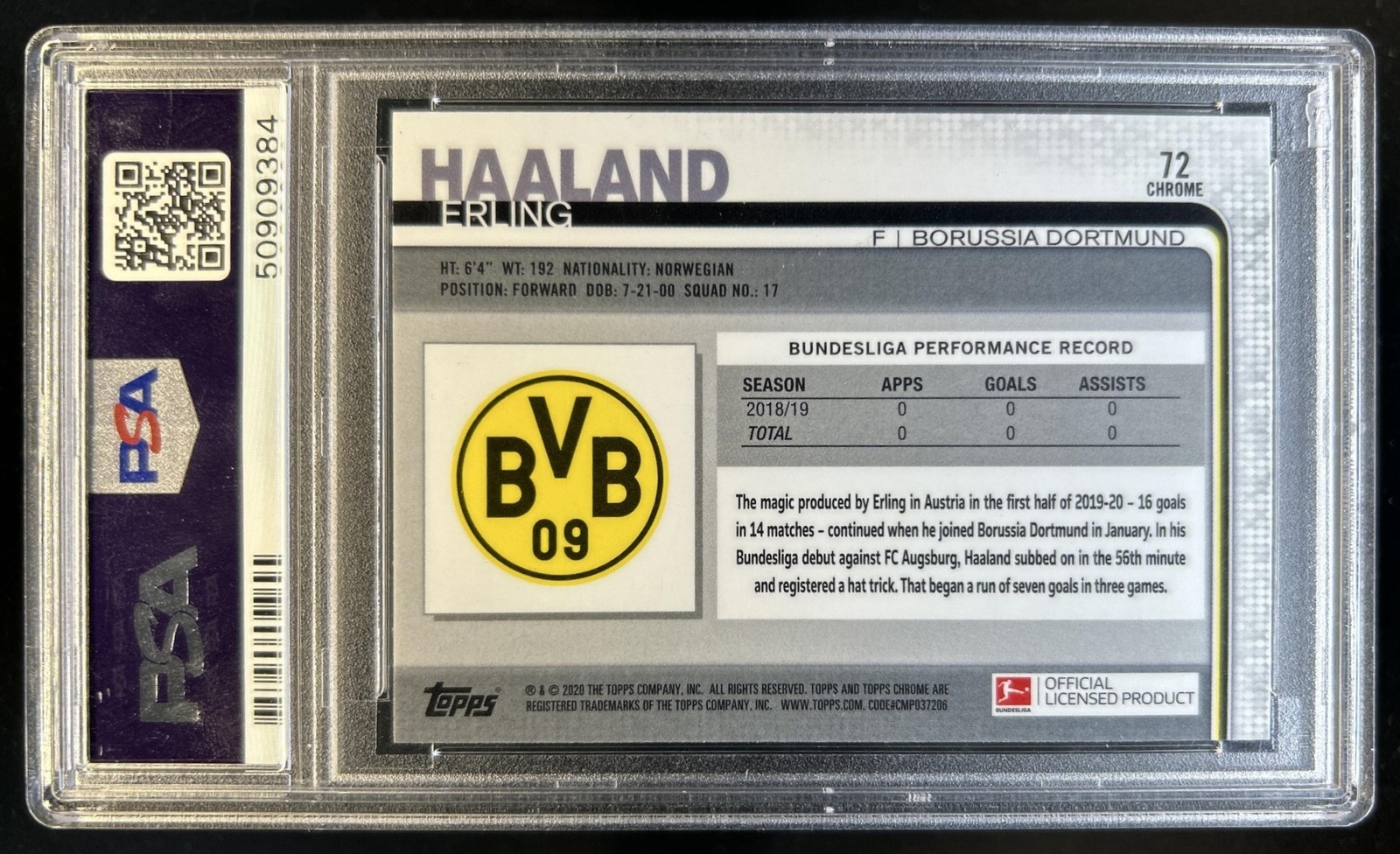 2019 Topps Chrome Bundesliga Erling Haaland Rookie RC #72 Dortmund PSA 10 view 2