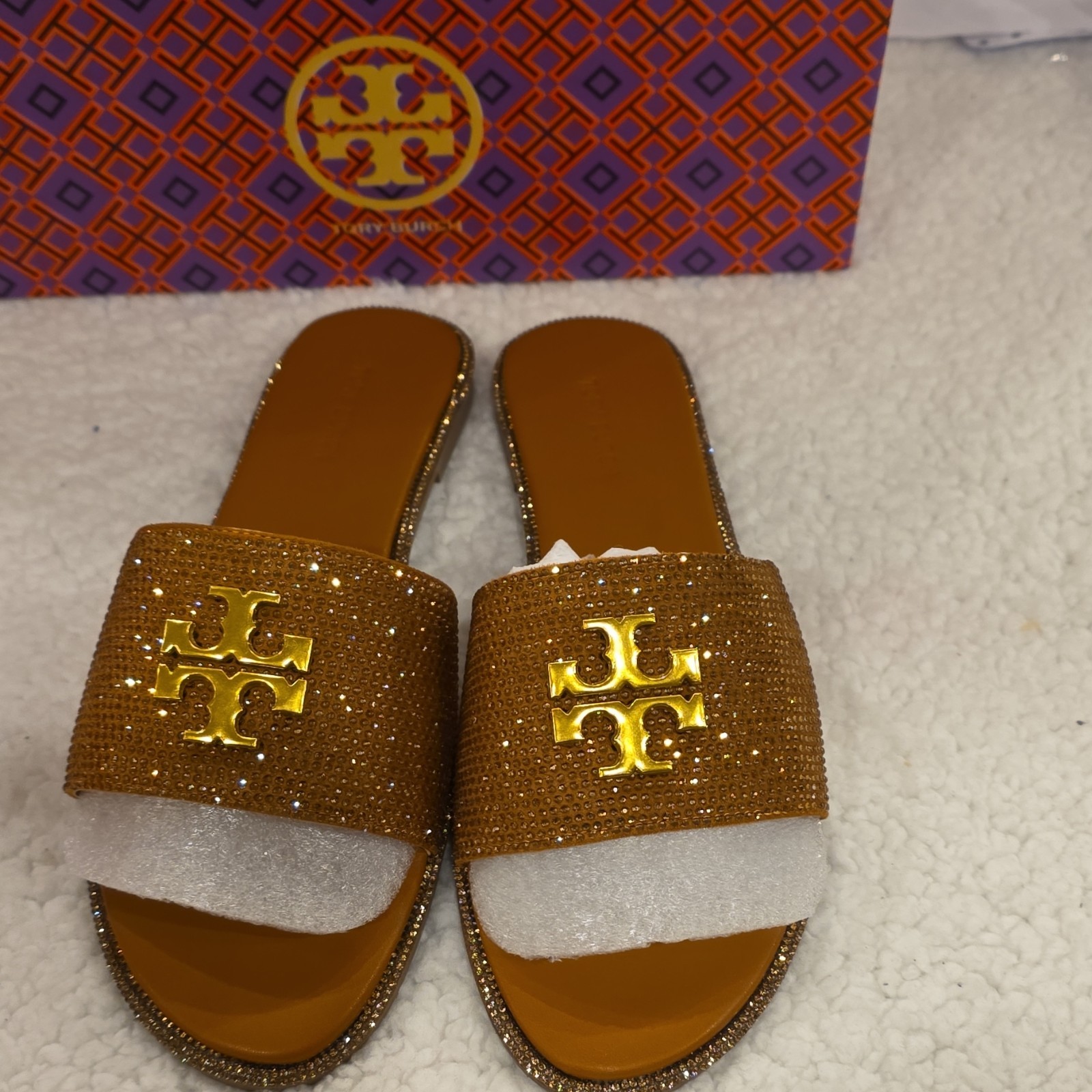 Tory Burch Brown Gold Rhinestone Logo Slide Sandals Women's thumbnail 5