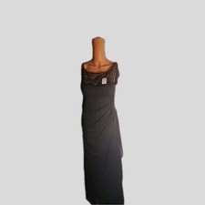 xscape Beaded Round Neck Fairy Core Navy Blue Ruched Ruffle Side Dress