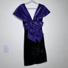 VTG Gunne Sax Jessica Mcclintock Velvet Velour Black Purple Mini Dress Big Bow