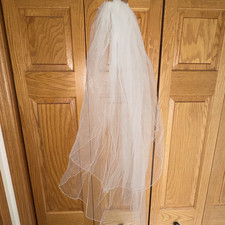 White Fingertip Length Tulle Wedding Veil with Beaded Edge Metal Comb