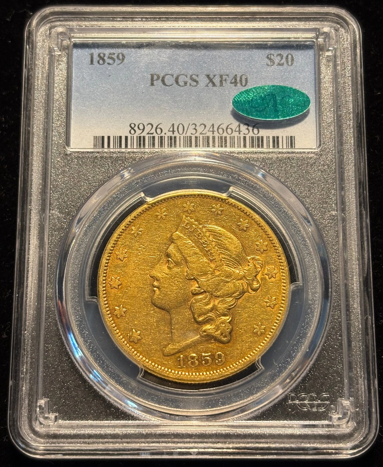 1859 $20 Double Eagle PCGS XF40 CAC
