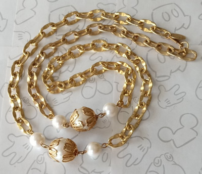 Miriam Haskell Pearl Station Gold Tone Chain Link 30'' Necklace Signed Vintage
