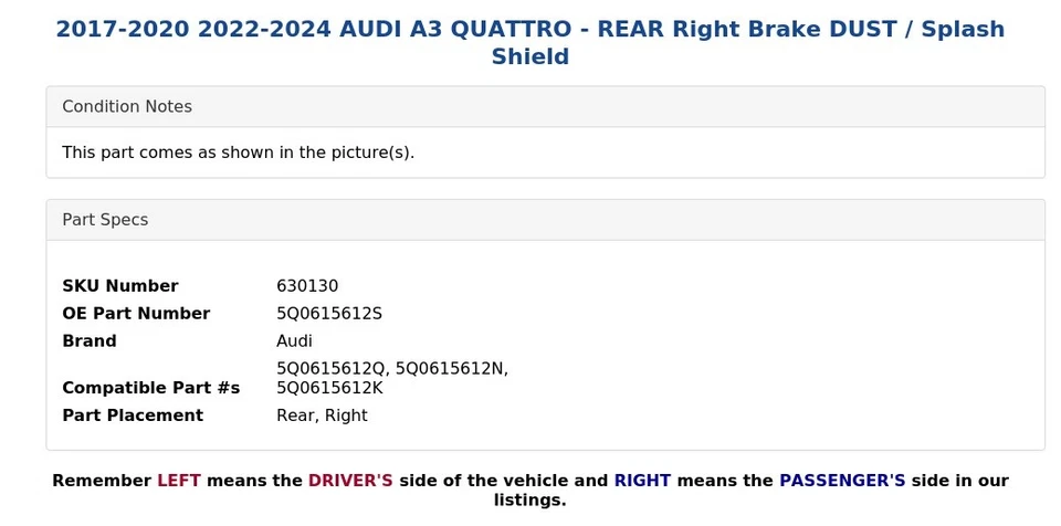 AUDI A3 QUATTRO 2017-2020 2022-2024 - Freno trasero derecho protector contra polvo/salpicaduras Foto 4 de 4