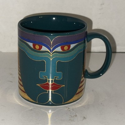 Laurel Burch Vayu Coffee Mug Cup Mythical Face Design Teal Gold Trim Japan