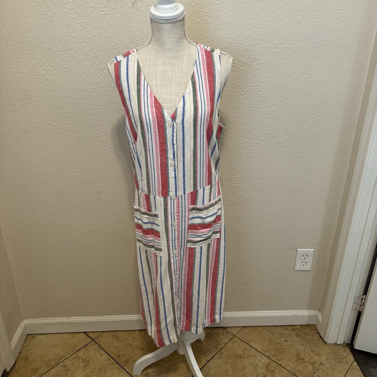 Old Navy Dress Womens Medium Multicolor Striped Button Up V Neck Linen Rayon Old Navy Dress Womens Medium Multicolor Striped Button Up V Neck Linen Rayon