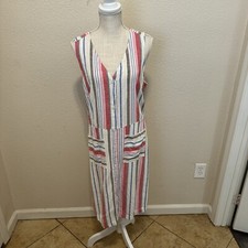 Old Navy Dress Womens Medium Multicolor Striped Button Up V Neck Linen Rayon