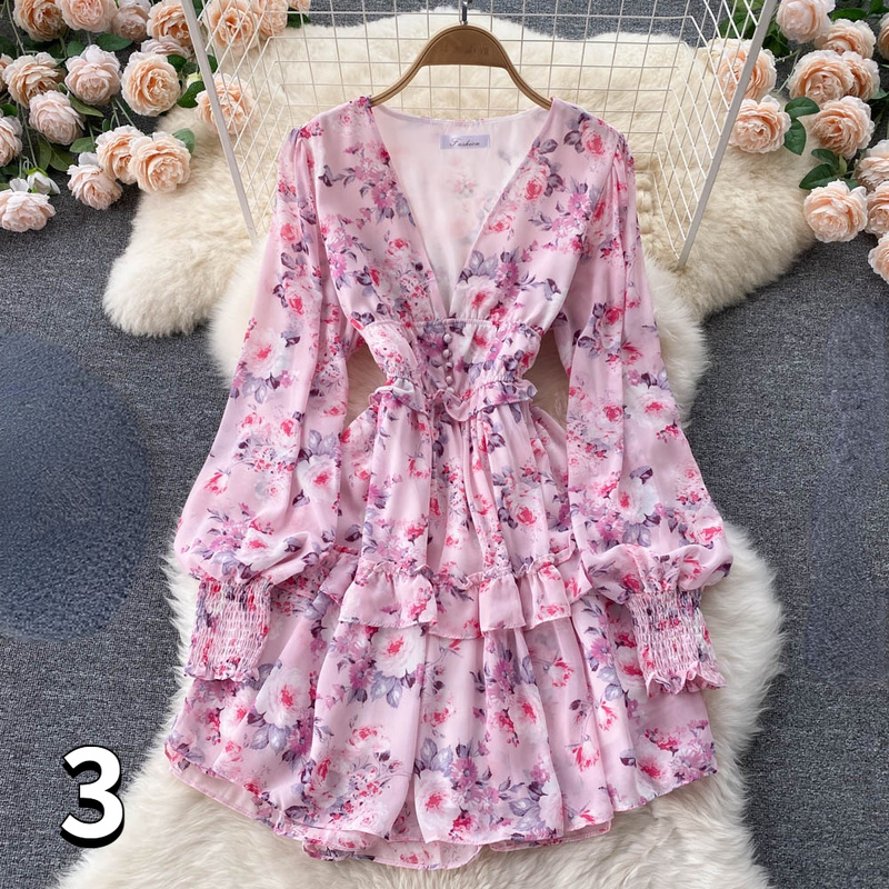 Women Chiffon Mini Floral Dress Ruffle Layered V-neck Puff Sleeve Beach  Summer | eBay