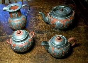 RARE 19TH CENTURY CHINESE YIXING PEWER OVERLAYTERRA COTTA//2 TEAPOTS/JUG/SU