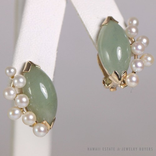 MING'S HAWAII JADE PEARL EARRING RING SET 14K YELLOW GOLD MINGS JEWELRY