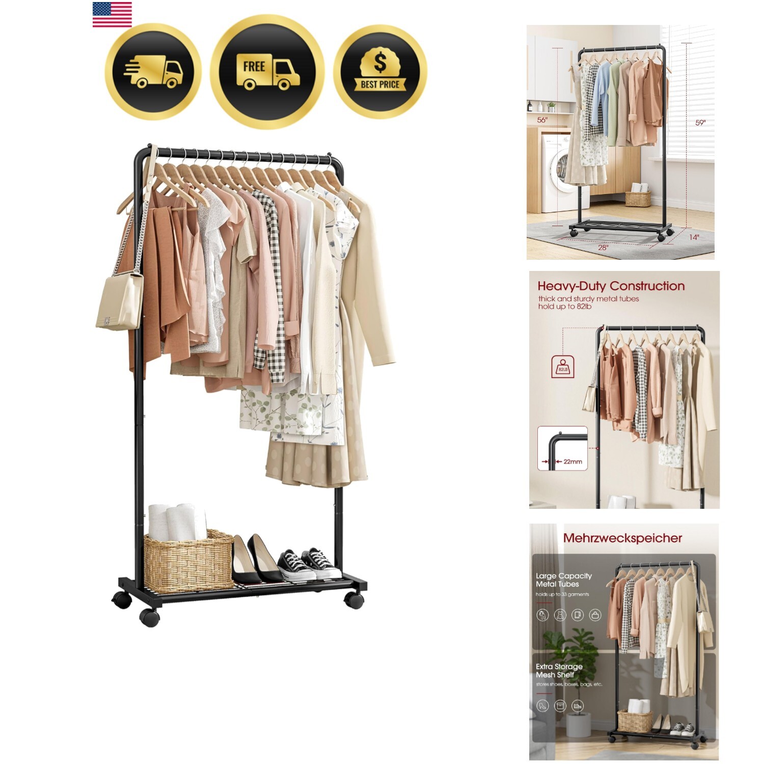 Clothes Rack Heavy Duty Metal Clothing Organizer with Shelves Castors-image