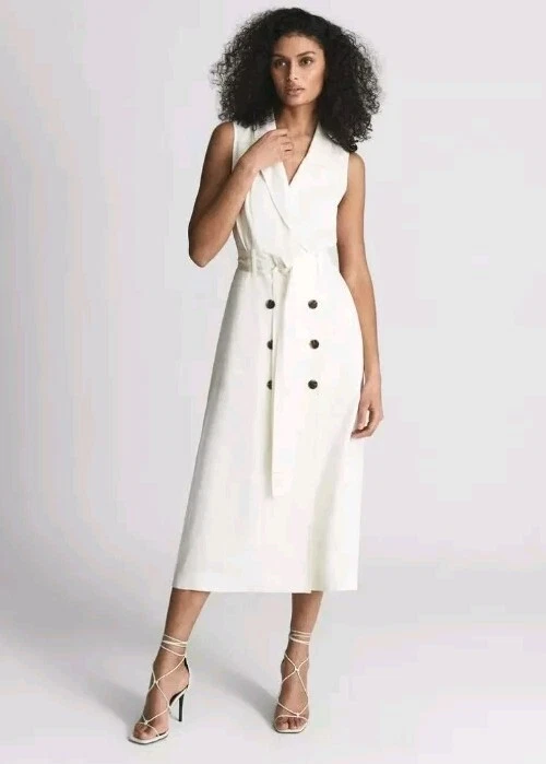 OFF WHITE ABITO MIDI NUOVO CON ETICHETTE REISS OFF BIANCO MISTO LINO DOPPIOPETTO CON CINTURA TAGLIA UK 4