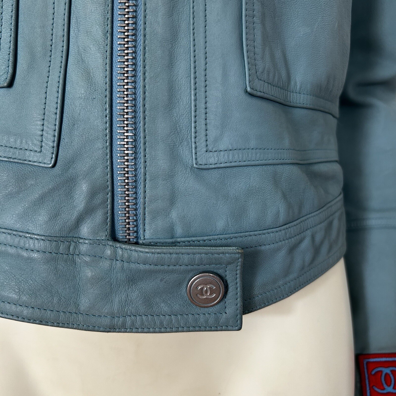 VTG Chanel 02S Identification Blue Moto Leather Jacket with CC Logo Patch & Zips image 3