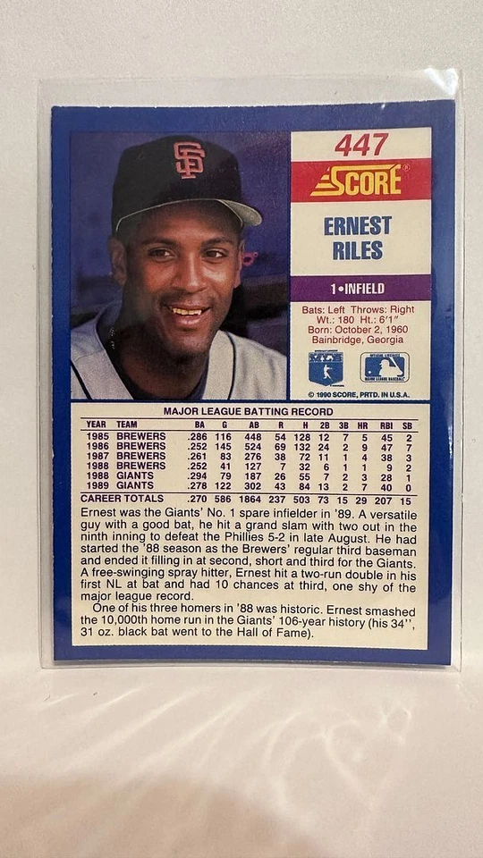 #447 Ernest Riles San Francisco Giants 1990 Score Baseball Card - Image 2 of 2