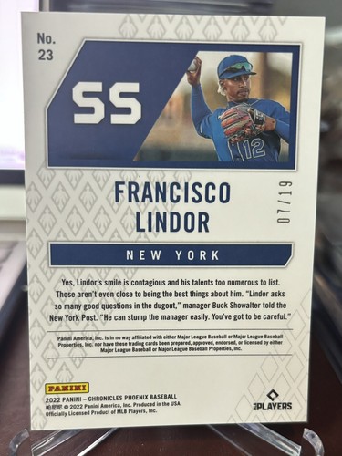 FRANCISCO LINDOR #17 /19 PHOENIX FOTL CHRONICLES BASEBALL PANINI 2022 - Picture 2 of 2