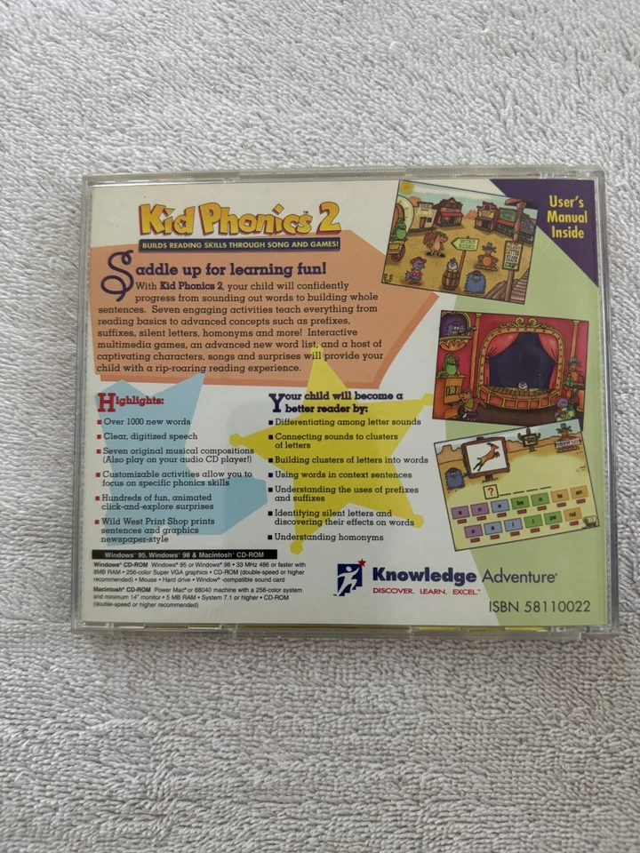Kid Phonics 2 (PC, Mac, 1996) Ages 6-9, Builds Reading Skills Through Song/Game - Image 2 of 2