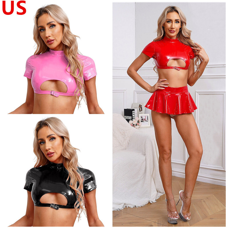 US Women's Shiny Metallic Tops Patent Leather Cutout Tank Top High Neck Crop Top