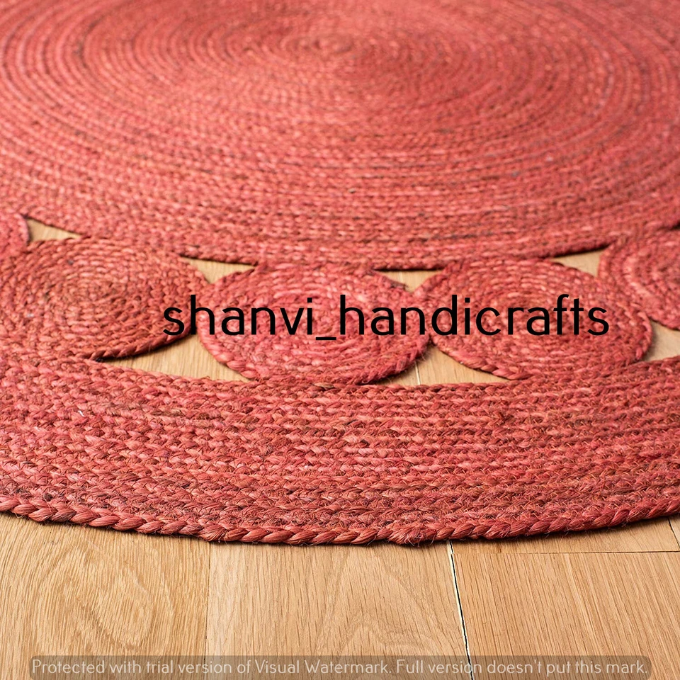 Red Colour Bohemian Round Rug Jute Rug Hand Braided Rug Jute Rug 7 Feet Area Rug - Image 2 of 3