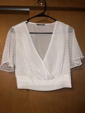 White Swiss Dot Flounce Sleeve V Neck Cropped Chiffon Blouse Size Med