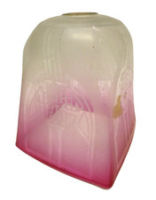 ANTIQUE CRANBERRY SQUARE RIM ETCHED DESIGN GLASS ART NOUVEAU PENDANT LIGHT SHADE