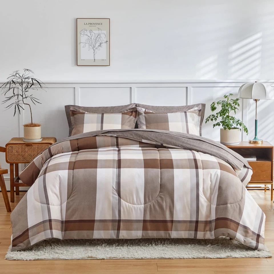 Cama en bolsa 7 piezas tamaño queen, diseño a cuadros marrón microfibra suave reversible... Foto 2 de 4