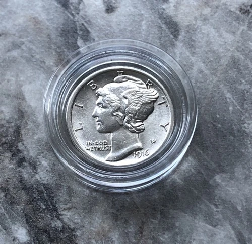 1916 SILVER MERCURY DIME IN BU CONDITION. FIRST YEAR.