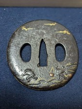 Japanese Antique Tsuba Edo Era Art Gold Inlay Farmer Scene Collectible