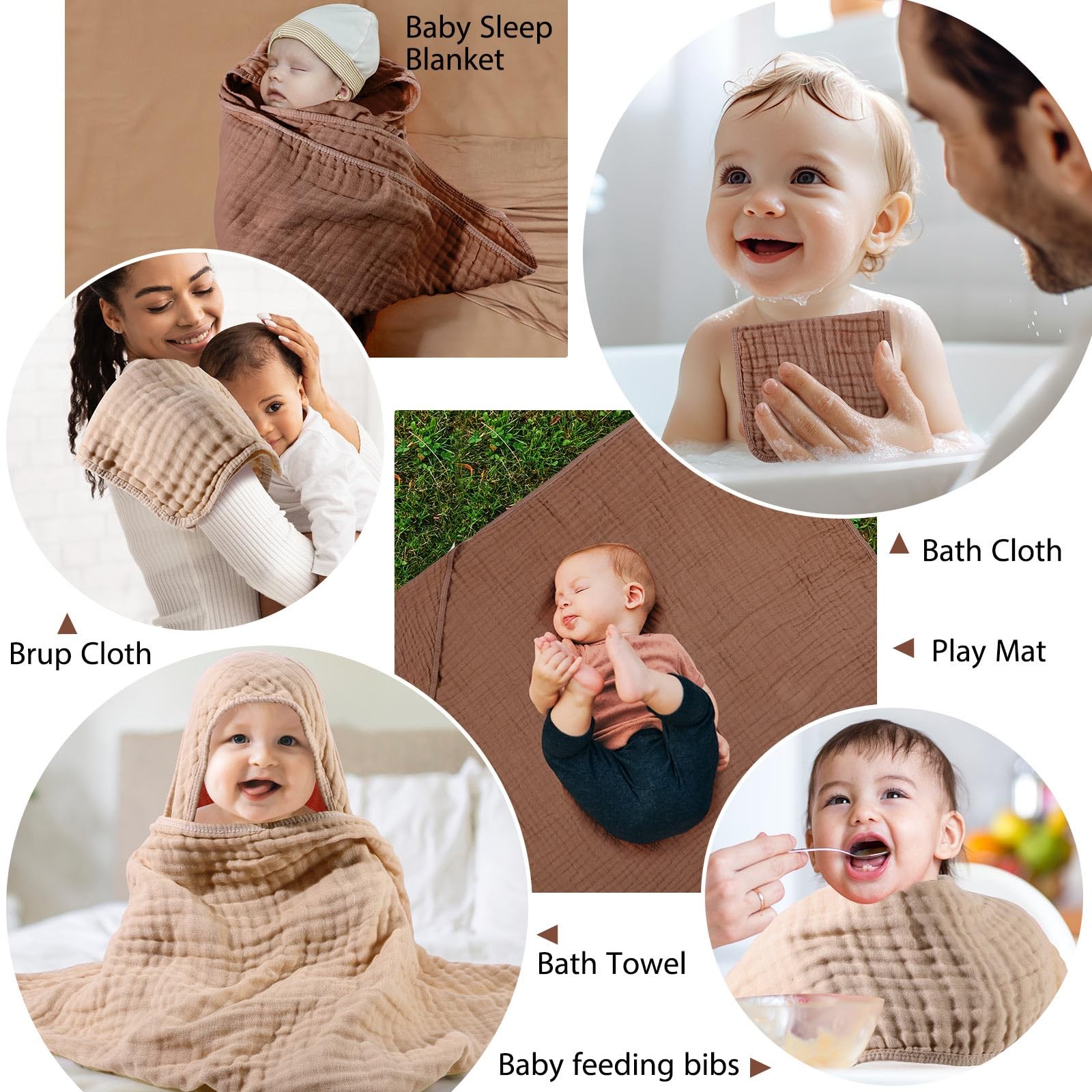 VitalCozy 6 Pcs Baby Muslin Hooded Bath Towels and Washcloths, 32 x 32 Inch