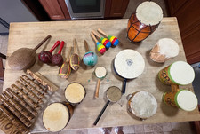 Lot of Entry Level Musical Instruments, Maracas Bongo Drums, Tamborine, Spin