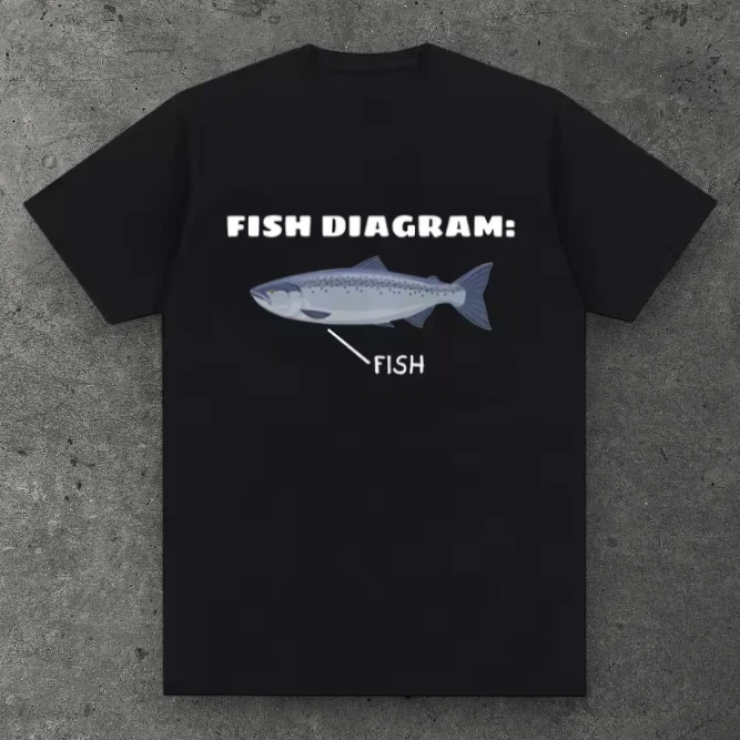 Mens Fish Diagram Graphic T Shirt Black Y2K Streetwear S-3XL