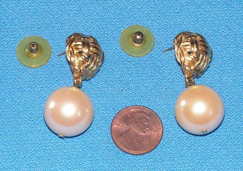  Vintage 70's Givenchy Gold Tone Metal / Glass Pearl Drop Earrings - Signed  - Image 2 of 4