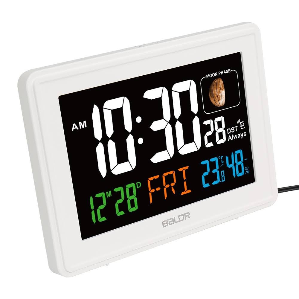 BALDR Atomic Alarm Clock in Color Calendar Moon Phase Temperature and Humidity reference
