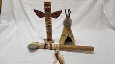 Native American Style Tomahawk with Beadwork  Feathers, Totem Pole, Teepee
