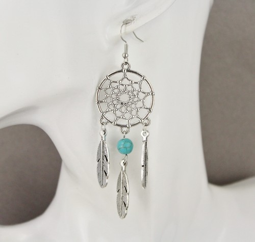 Silver dream catcher earrings dangle feather turquoise bead lightweight 3.5 long - Picture 3 of 10