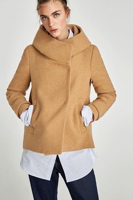 Zara Basics Coat Women's Camel Brown Snap Button Mock Neck Short Size XS