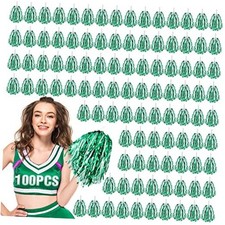 100Pcs Metallic Cheerleading Pom Poms with Baton Handle Green and White