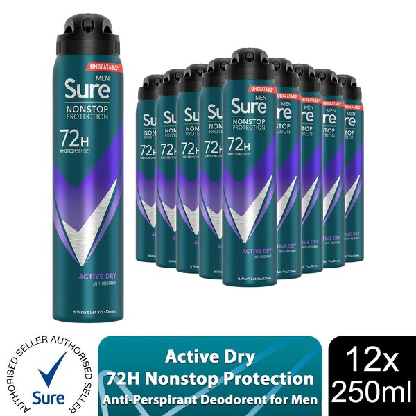 Desodorante antitranspirante Sure Men Active Dry 72H protección sin parar 250 ml, 12 unidades