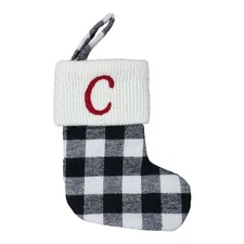 Letter C Buffalo Plaid Monogram Mini Stocking Checkered Black/White Xmas Holiday