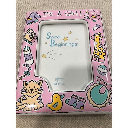 Russ Berrie It's A Girl Sweet Beginnings Pink Ceramic Baby Photo Frame 3.5x5