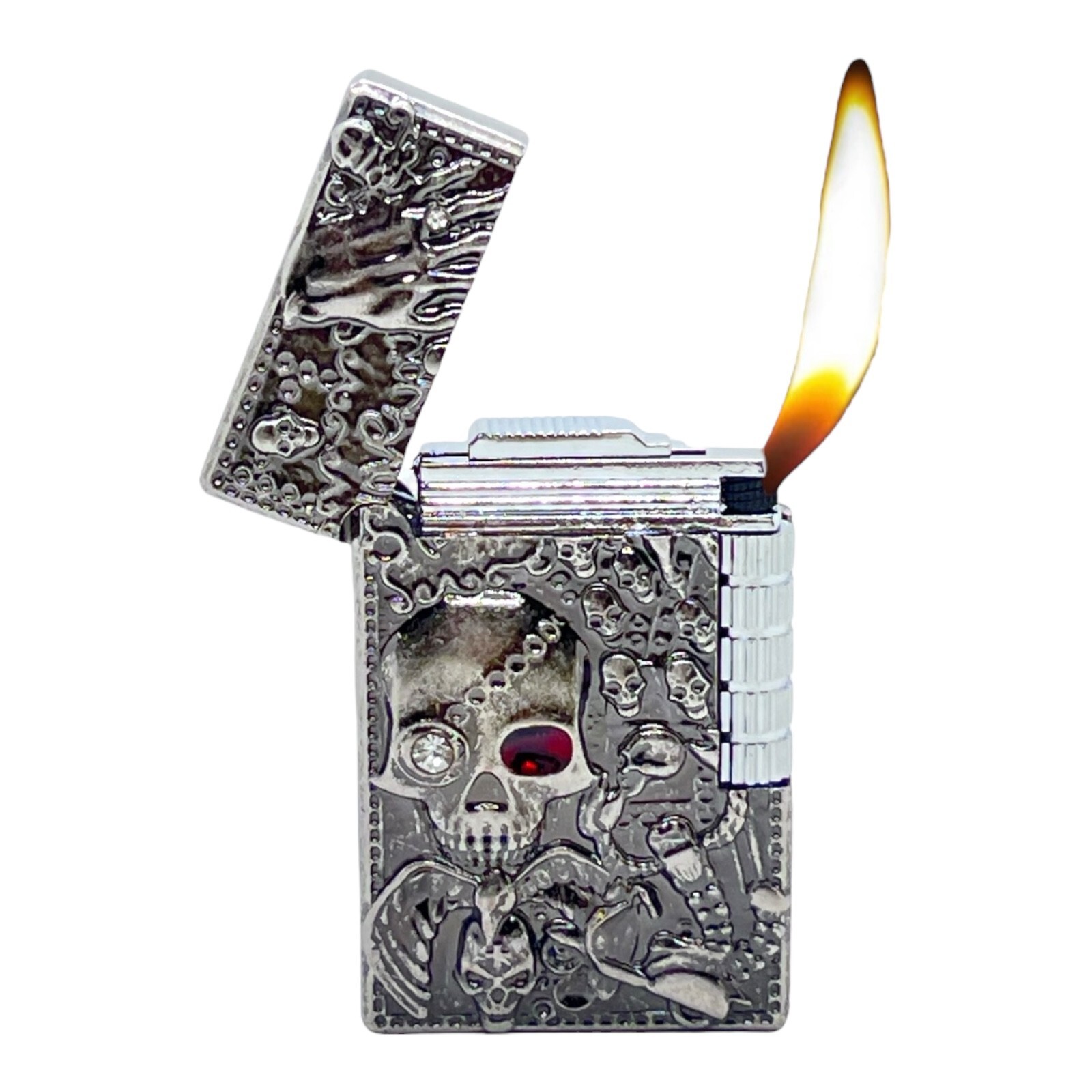 Skull Lighter, Skeleton Engraved Carved Metal Wheel Punk Got