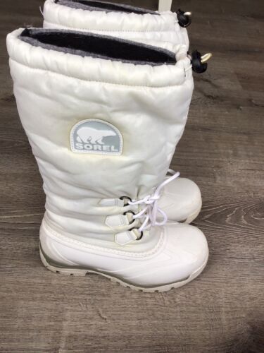 SOREL SNOWLION White Nylon Rubber Insulated Snow BOOTS NL1082-100 Womens Size 8