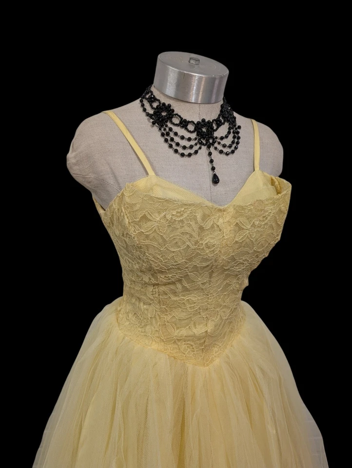 Vtg 50s Prom Dress XXS Yellow Lace Tulle Shelf Bust Strappy Long Floor Length - Image 3 of 4
