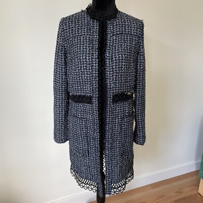 Elie Tahari Blue Multi Kora Long Tweed Hook-Front Jacket E2016407 NWT Size XS