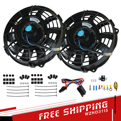 2PCS 7'' Electric Radiator Cooling Slim Pull Fan +Thermostat Relay Kit Universal