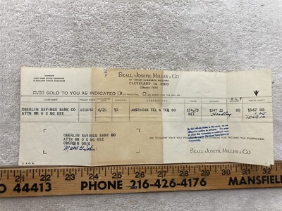 1948 Receipt Skall Joseph Miller Cleveland Ohio AT&T Oberlin Bank Vintage
